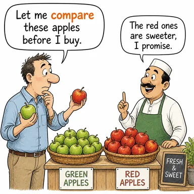 compare (karşılaştırmak, kıyaslamak) karikatürü — diyalogla bağlam içinde öğren