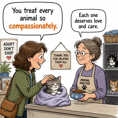 compassionately (merhametle, şefkatle) karikatürü — diyalogla bağlam içinde öğren