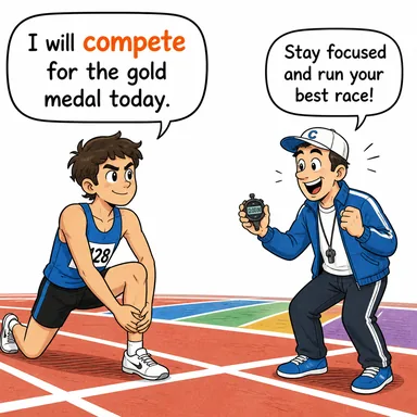 compete (rekabet etmek, yarışmak) karikatürü — diyalogla bağlam içinde öğren