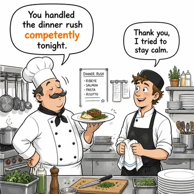 competently (yetkin bir şekilde, ustaca) karikatürü — diyalogla bağlam içinde öğren