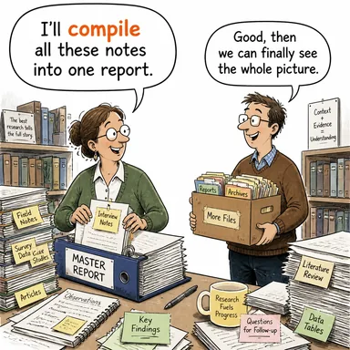 compile (derlemek, bir araya getirmek) karikatürü — diyalogla bağlam içinde öğren