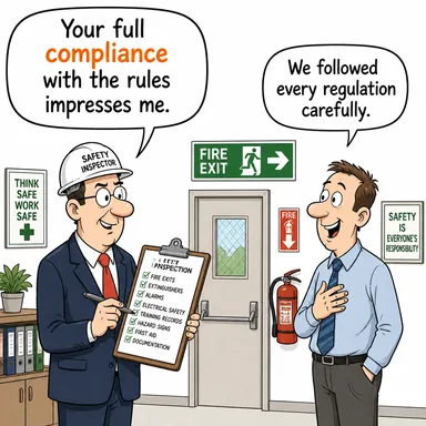 compliance (uyumluluk, kurallara uyma, riayet) karikatürü — diyalogla bağlam içinde öğren