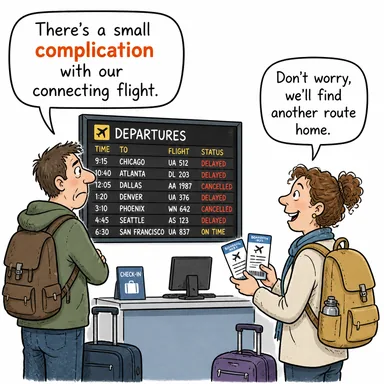 complication (zorluk, karmaşa; (tıpta) komplikasyon) karikatürü — diyalogla bağlam içinde öğren