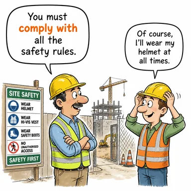 comply with (kurallara uymak, riayet etmek, boyun eğmek) karikatürü — diyalogla bağlam içinde öğren