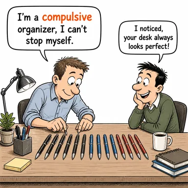 compulsive (takıntılı, zorunlu, önlenemez) karikatürü — diyalogla bağlam içinde öğren