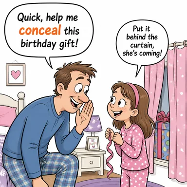conceal (gizlemek, saklamak, örtbas etmek) karikatürü — diyalogla bağlam içinde öğren