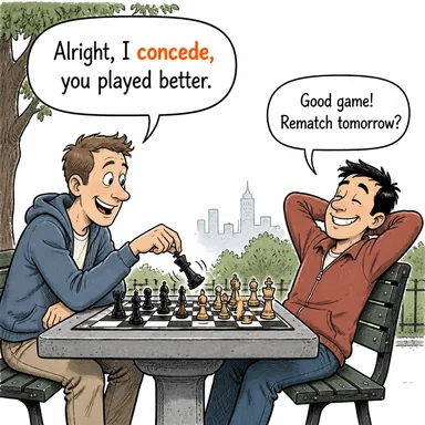 concede (kabul etmek (yenilgiyi/gerçeği), teslim etmek, hak vermek) karikatürü — diyalogla bağlam içinde öğren