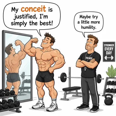 conceit (kibir, kendini beğenmişlik) karikatürü — diyalogla bağlam içinde öğren
