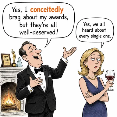 conceitedly (kibirle, böbürlenerek) karikatürü — diyalogla bağlam içinde öğren