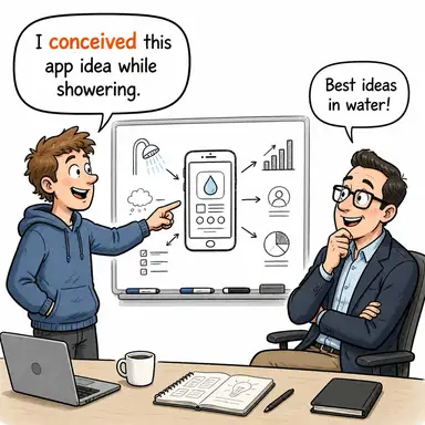 conceive (tasarlamak, hayal etmek, hamile kalmak) karikatürü — diyalogla bağlam içinde öğren