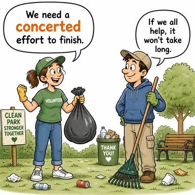 concerted (kararlaştırılmış, ortaklaşa, yoğun (çaba)) karikatürü — diyalogla bağlam içinde öğren