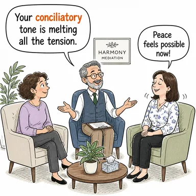 conciliatory (yapıcı, uzlaşmacı, gönül alıcı) karikatürü — diyalogla bağlam içinde öğren