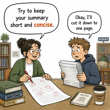 concise (kısa ve öz, az ve öz) karikatürü — diyalogla bağlam içinde öğren