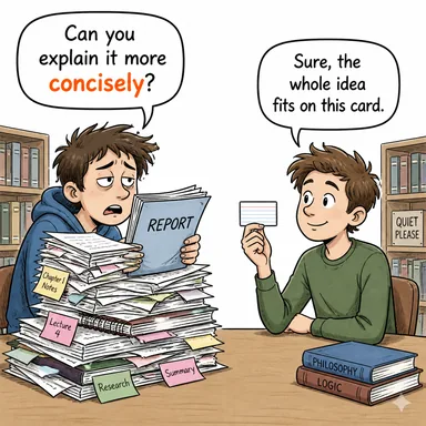 concisely (kısaca, öz bir şekilde) karikatürü — diyalogla bağlam içinde öğren