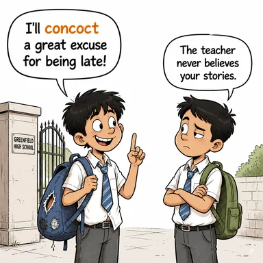 concoct ((bahane/hikaye) uydurmak, (yemek) hazırlamak/karmak) karikatürü — diyalogla bağlam içinde öğren