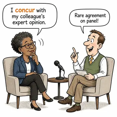 concur (aynı fikirde olmak, uyuşmak, aynı anda olmak) karikatürü — diyalogla bağlam içinde öğren