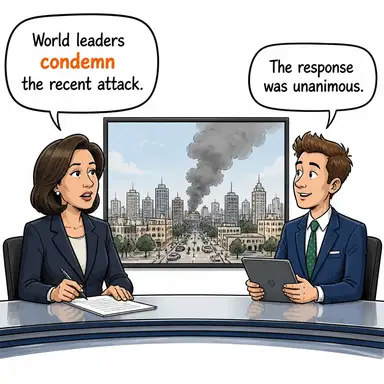 condemn (kınamak, ayıplamak, (cezaya) mahkum etmek) karikatürü — diyalogla bağlam içinde öğren