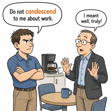 condescend (tenezzül etmek, küçümseyerek davranmak) karikatürü — diyalogla bağlam içinde öğren