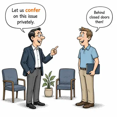 confer (görüşmek, danışmak (with); (hak/ünvan) vermek (on)) karikatürü — diyalogla bağlam içinde öğren