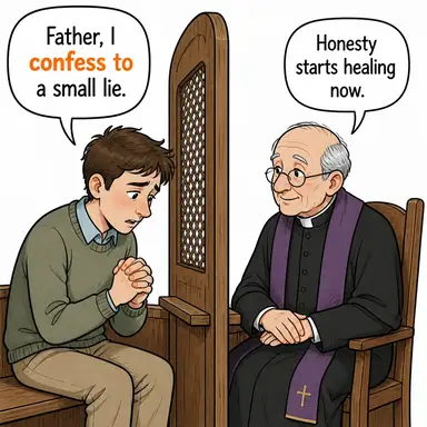 confess to (itiraf etmek) karikatürü — diyalogla bağlam içinde öğren