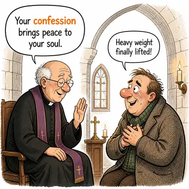 confession (itiraf) karikatürü — diyalogla bağlam içinde öğren