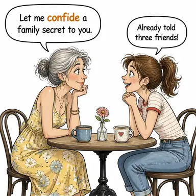 confide (sır vermek, güvenmek) karikatürü — diyalogla bağlam içinde öğren