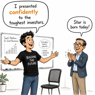 confidently (kendinden emin bir şekilde) karikatürü — diyalogla bağlam içinde öğren