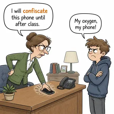 confiscate (el koymak, müsadere etmek) karikatürü — diyalogla bağlam içinde öğren