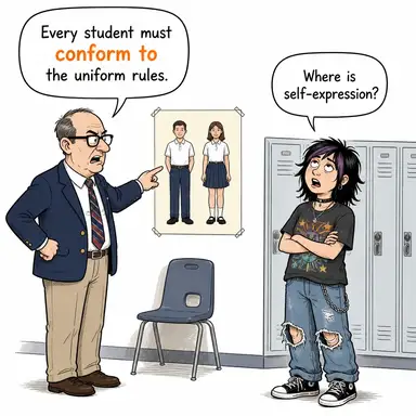 conform to ((kurala/standarda) uymak, uyum sağlamak) karikatürü — diyalogla bağlam içinde öğren