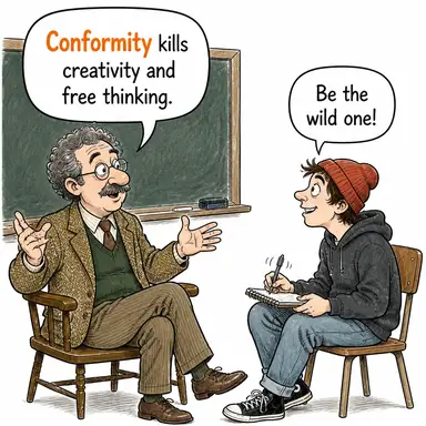 conformity (uyum, benzerlik, itaat) karikatürü — diyalogla bağlam içinde öğren