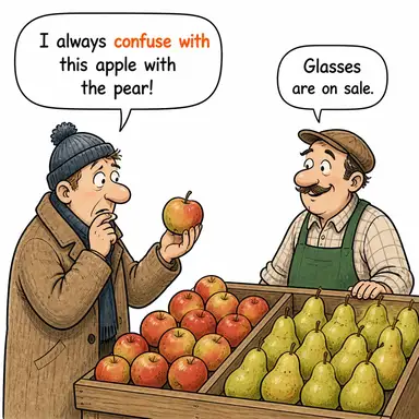 confuse with (karıştırmak (ayırt edememek), benzetmek) karikatürü — diyalogla bağlam içinde öğren