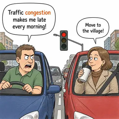 congestion (tıkanıklık, sıkışıklık (trafik/burun)) karikatürü — diyalogla bağlam içinde öğren