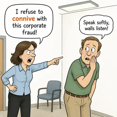 connive (suça göz yummak, gizlice işbirliği yapmak) karikatürü — diyalogla bağlam içinde öğren