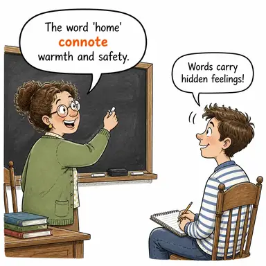connote (çağrıştırmak, yan anlam içermek) karikatürü — diyalogla bağlam içinde öğren