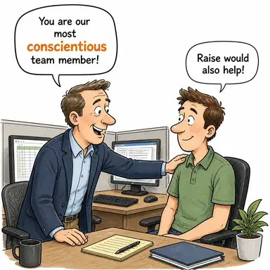 conscientious (işini iyi yapan, vicdanlı, titiz) karikatürü — diyalogla bağlam içinde öğren