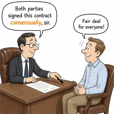 consensually (karşılıklı rızayla, anlaşarak) karikatürü — diyalogla bağlam içinde öğren
