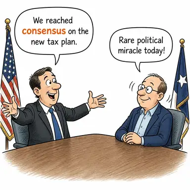 consensus (fikir birliği, uzlaşı, mutabakat) karikatürü — diyalogla bağlam içinde öğren