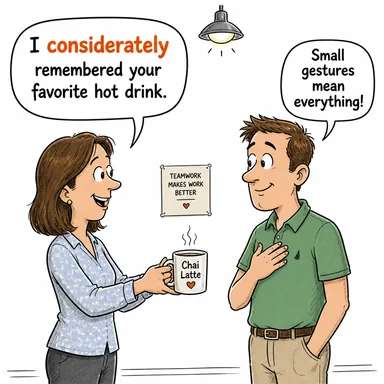 considerately (düşünceli bir şekilde, nezaketle) karikatürü — diyalogla bağlam içinde öğren