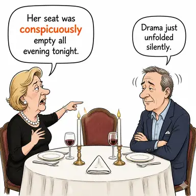 conspicuously (apaçık, göze batacak şekilde) karikatürü — diyalogla bağlam içinde öğren