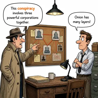conspiracy (komplo, gizli anlaşma) karikatürü — diyalogla bağlam içinde öğren