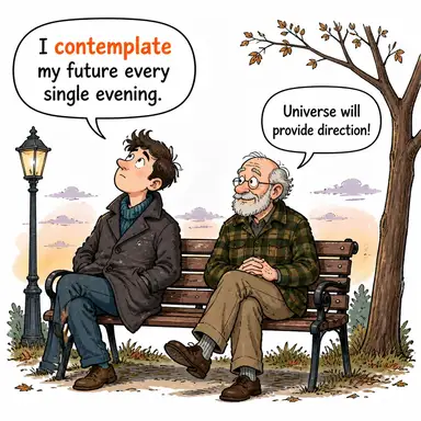 contemplate (tasarlamak, niyet etmek, derin düşünmek) karikatürü — diyalogla bağlam içinde öğren