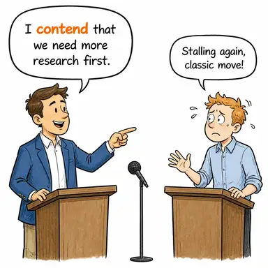 contend (iddia etmek, ileri sürmek, mücadele etmek) karikatürü — diyalogla bağlam içinde öğren